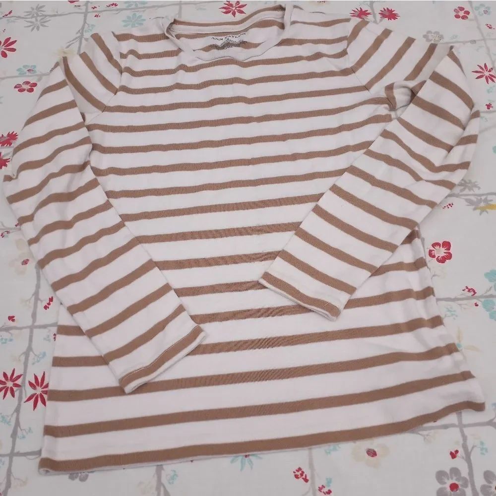 Ann Taylor S White Brown Striped LngSlv Round Neck Women's Top